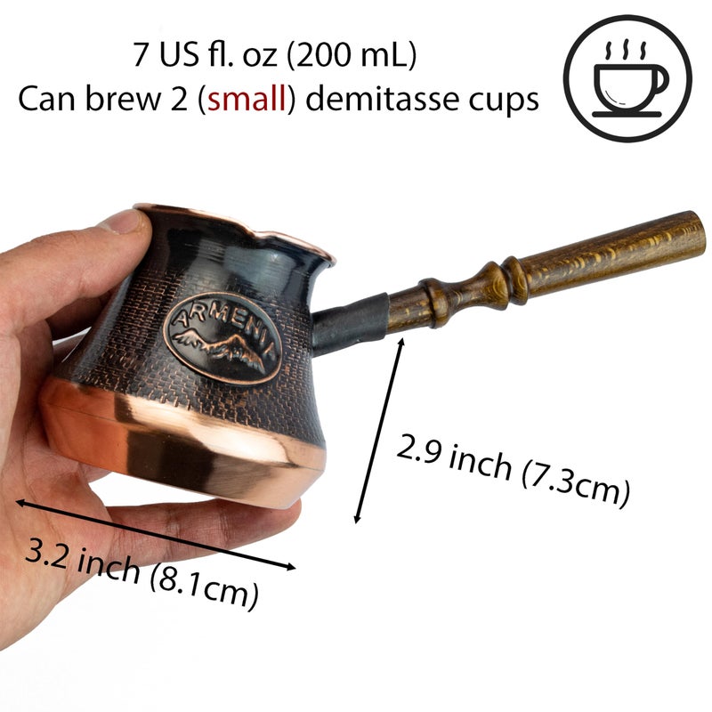 HandCraftoria Handmade Armenian Coffee Pot Maker 2 Small cup Copper Jazva Ararat Turkish Arabic Greek Cezve Jezve Ibrik Turka Jazve Wooden Handle (7 Fl Oz) - Image 3